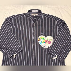 Façonnable Striped Floral Heart Patch Collared Shirt w/ Draw String Sleeve